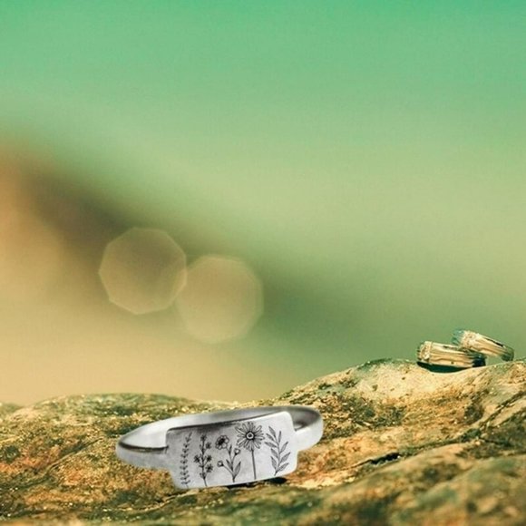 Carved Engraving Wildflowers Dandelion Daisy Silver Ring - Picture 4 of 8